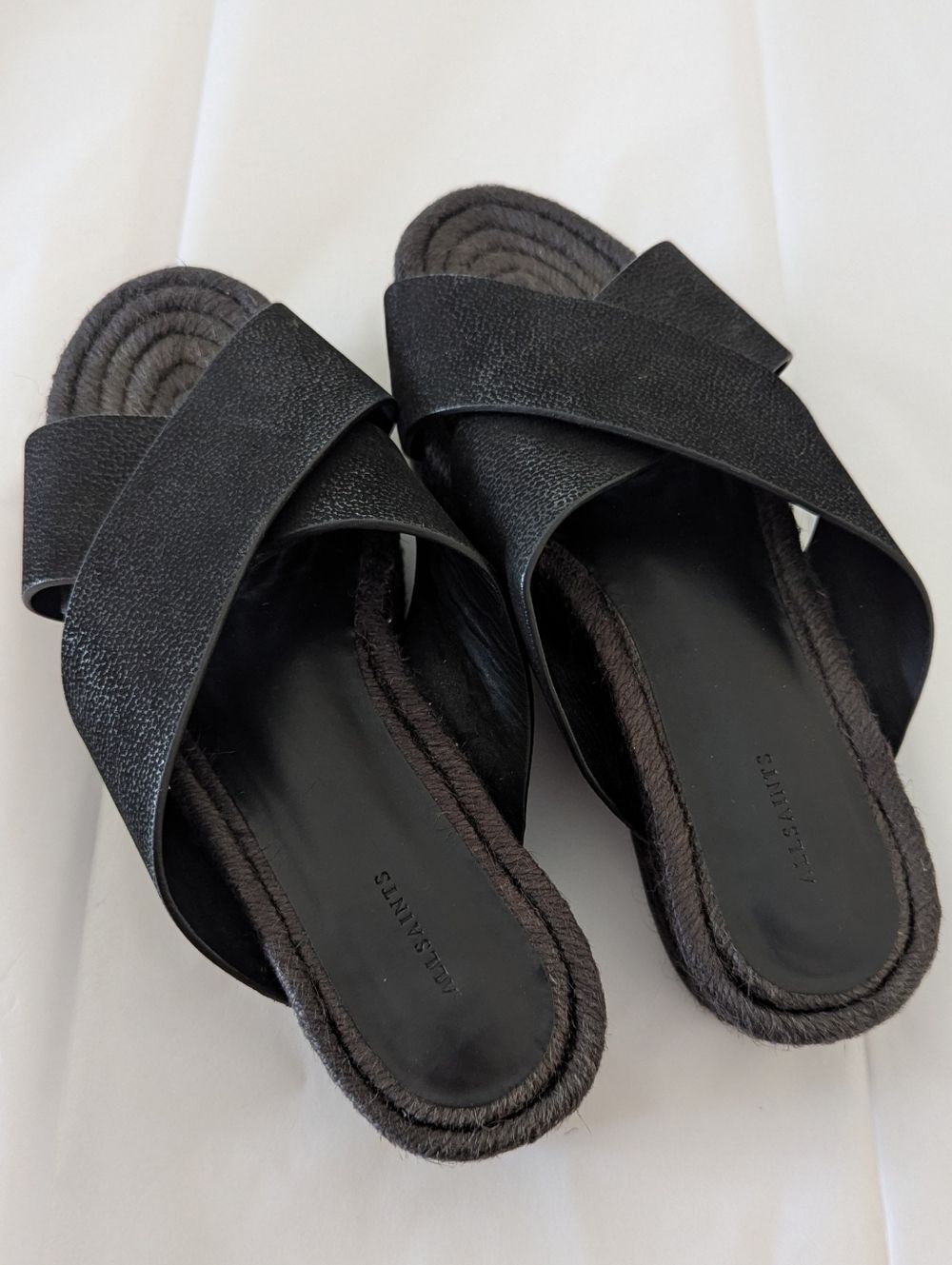 AllSaints Harlem Black Leather Platform Espadrille Sandals - Picture 2 of 13